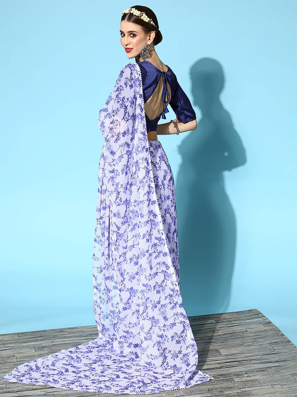 Women's Georgette Blue Embellished Designer Saree With Blouse Piece - Odette