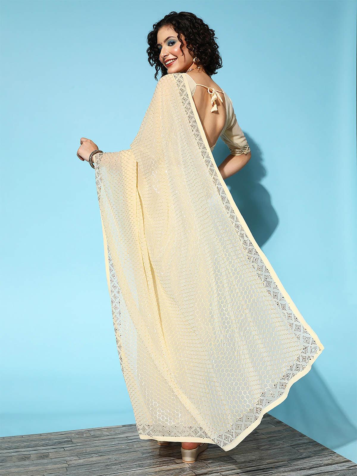 Women's Georgette Cream Embellished Designer Saree With Blouse Piece - Odette