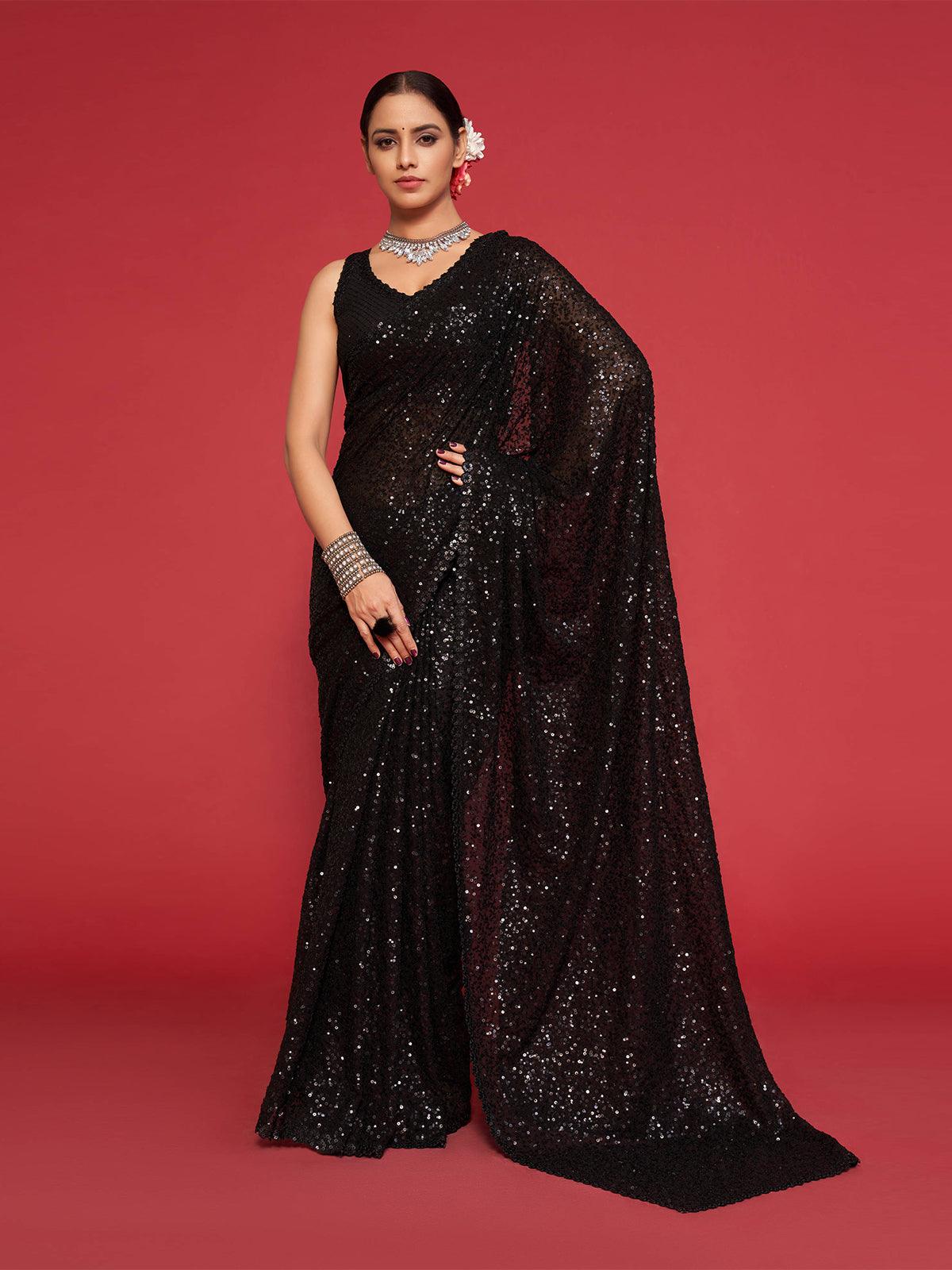 Women's Georgette Designer Black Sequince Saree - Odette