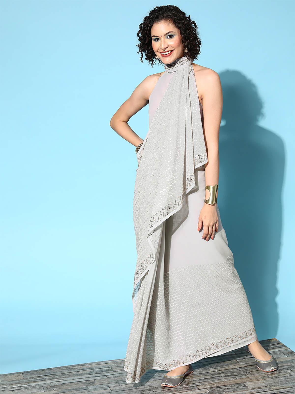 Women's Georgette Grey Embellished Designer Saree With Blouse Piece - Odette