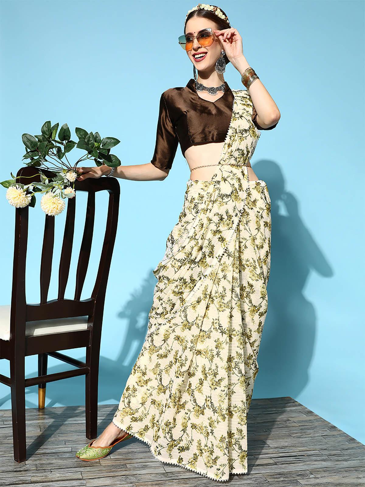 Women's Georgette Mustard Embellished Designer Saree With Blouse Piece - Odette