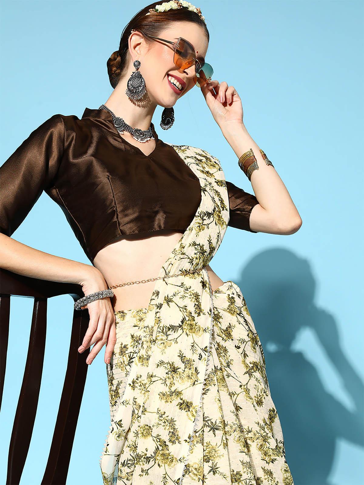 Women's Georgette Mustard Embellished Designer Saree With Blouse Piece - Odette