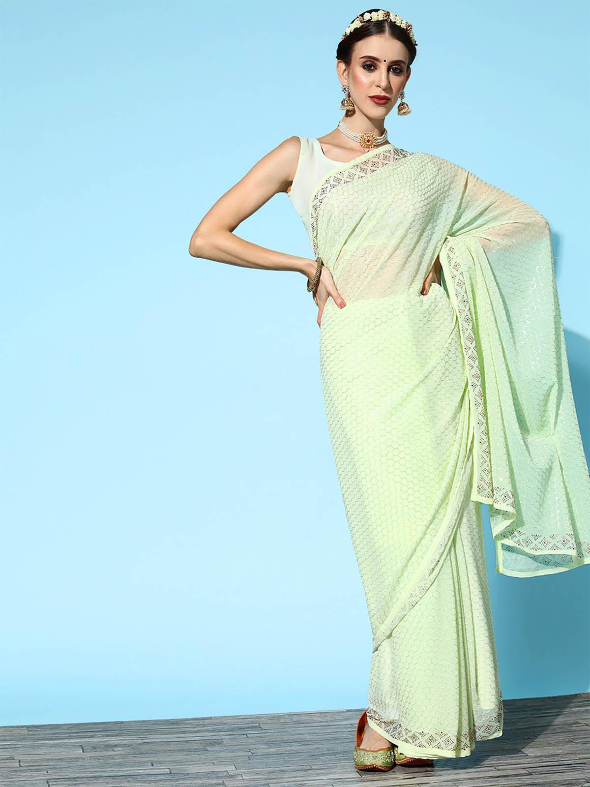 Women's Georgette Olive Embellished Designer Saree With Blouse Piece - Odette
