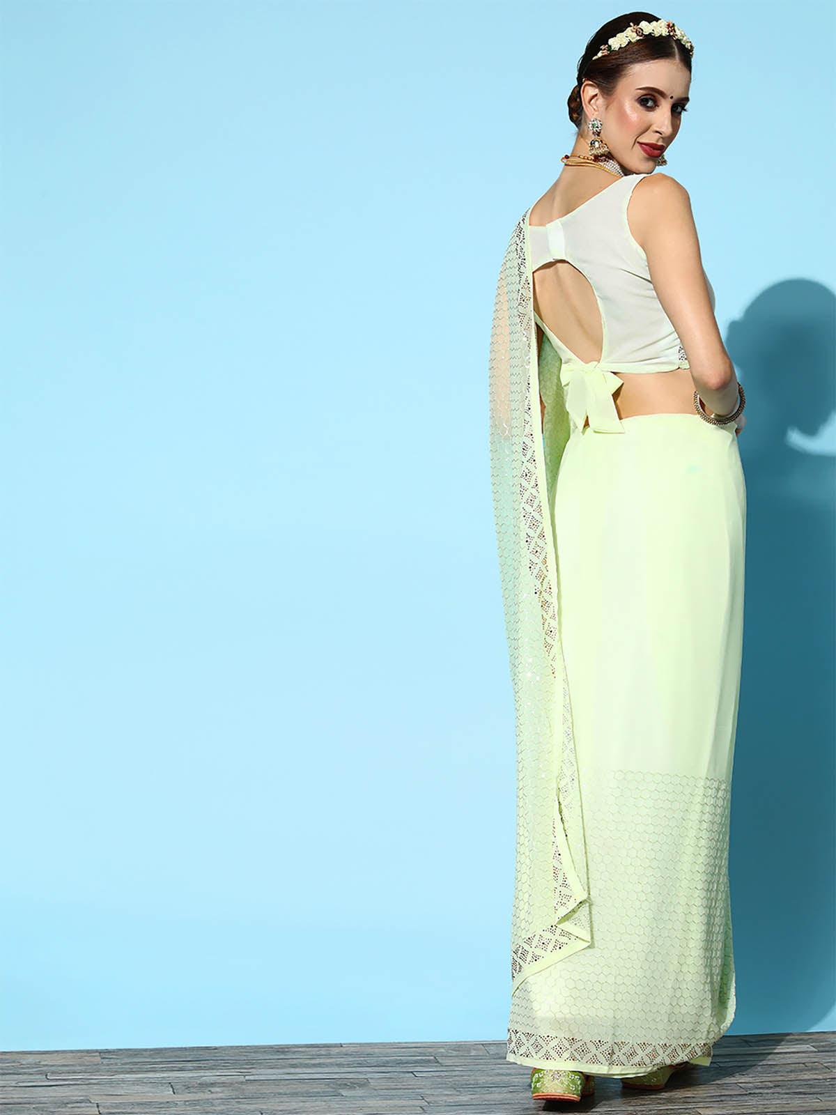 Women's Georgette Olive Embellished Designer Saree With Blouse Piece - Odette