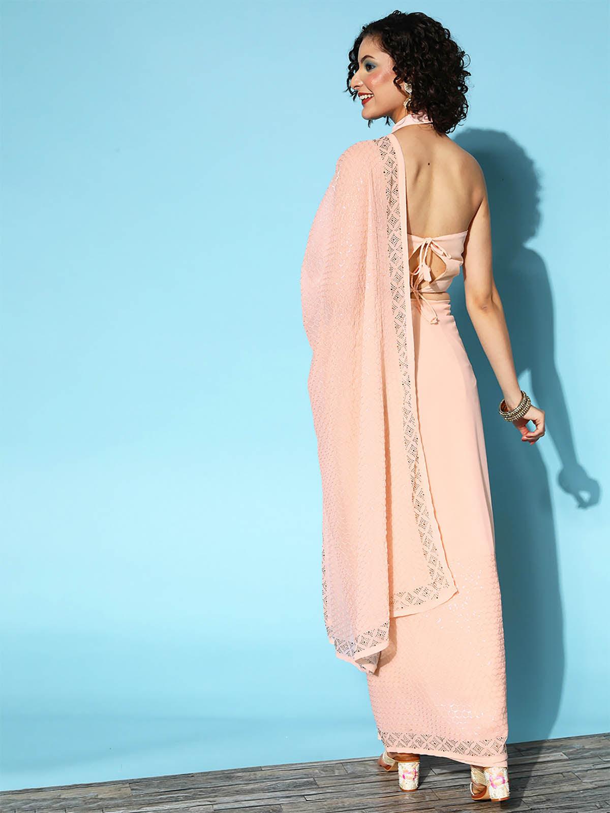 Women's Georgette Peach Embellished Designer Saree With Blouse Piece - Odette