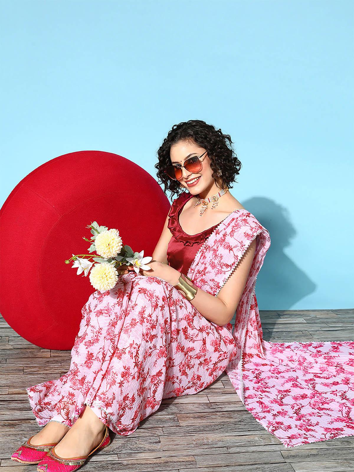 Women's Georgette Pink Embellished Designer Saree With Blouse Piece - Odette