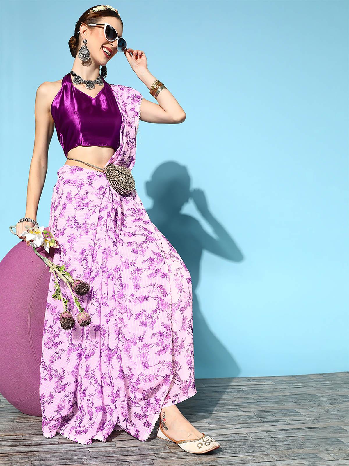 Women's Georgette Purple Embellished Designer Saree With Blouse Piece - Odette