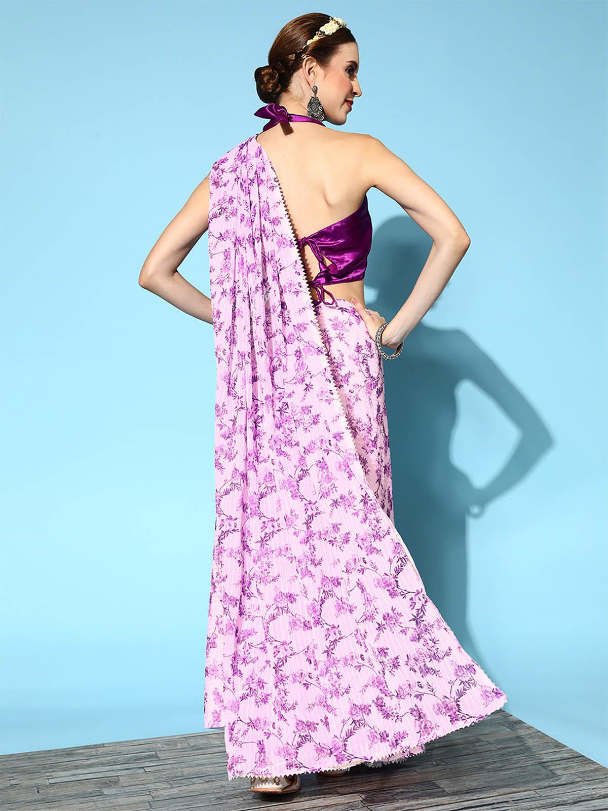 Women's Georgette Purple Embellished Designer Saree With Blouse Piece - Odette