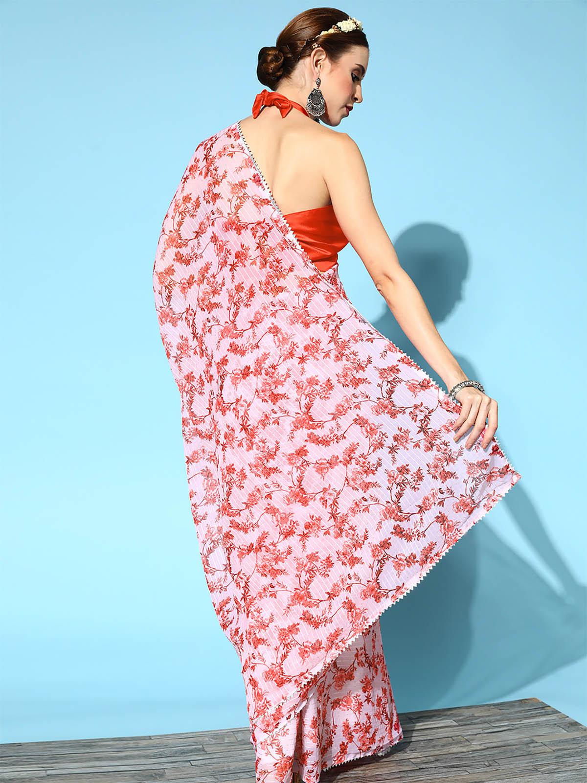 Women's Georgette Red Embellished Designer Saree With Blouse Piece - Odette