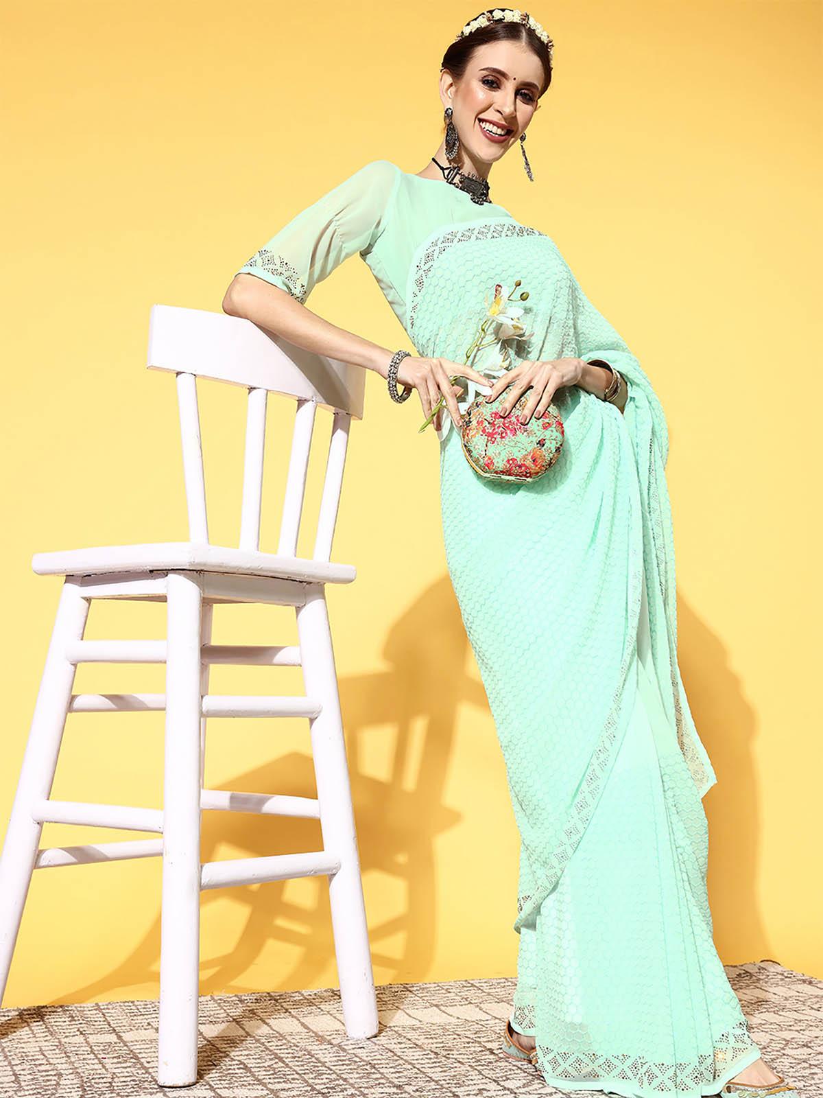 Women's Georgette Sea Green Embellished Designer Saree With Blouse Piece - Odette