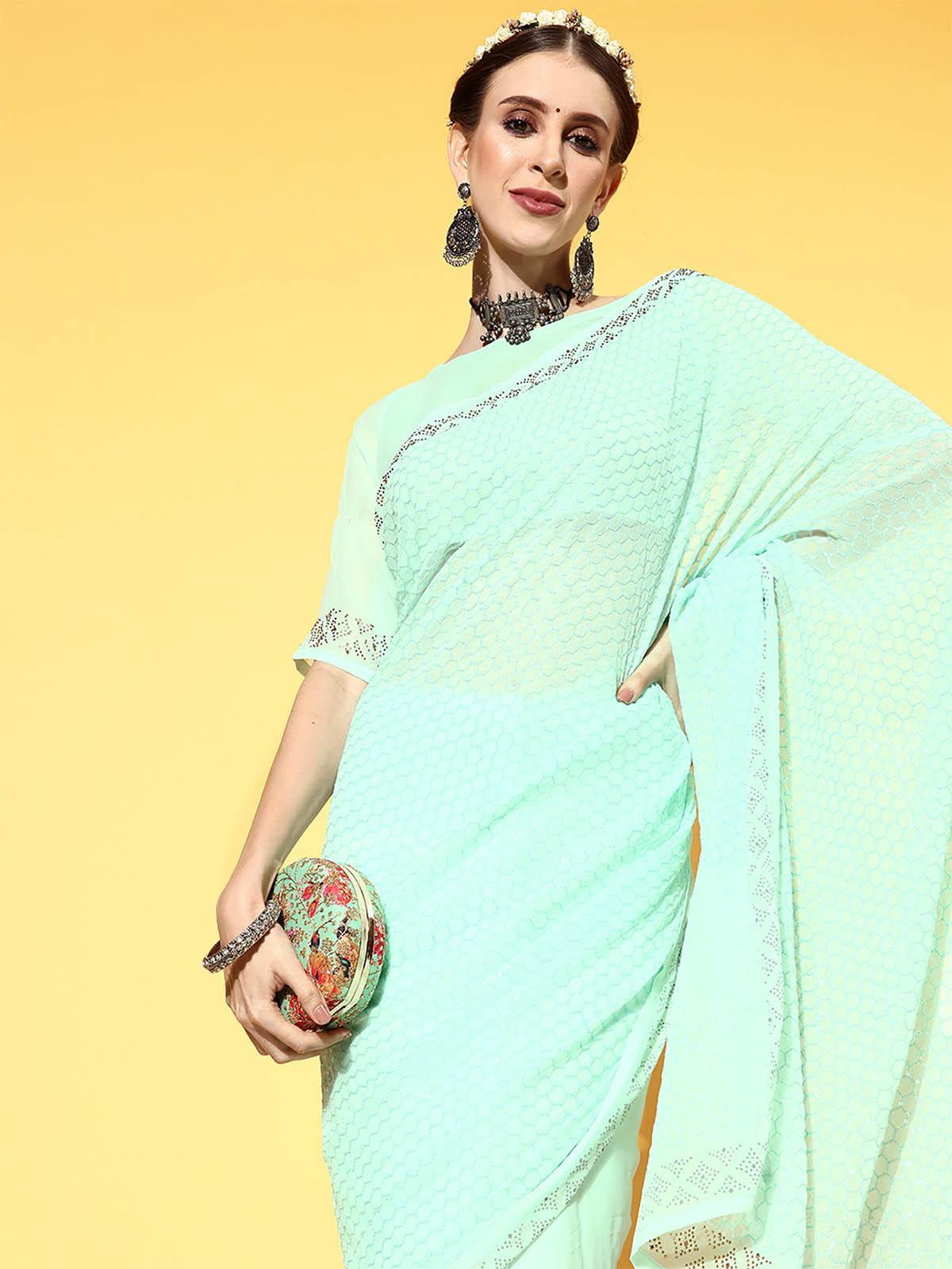 Women's Georgette Sea Green Embellished Designer Saree With Blouse Piece - Odette