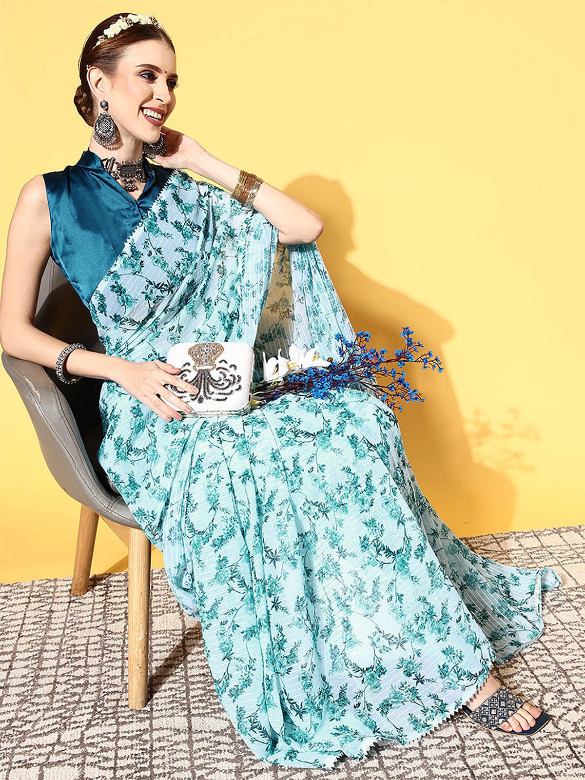 Women's Georgette Teal Blue Embellished Designer Saree With Blouse Piece - Odette