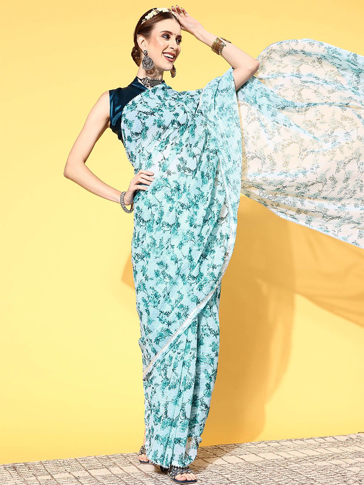 Women's Georgette Teal Blue Embellished Designer Saree With Blouse Piece - Odette