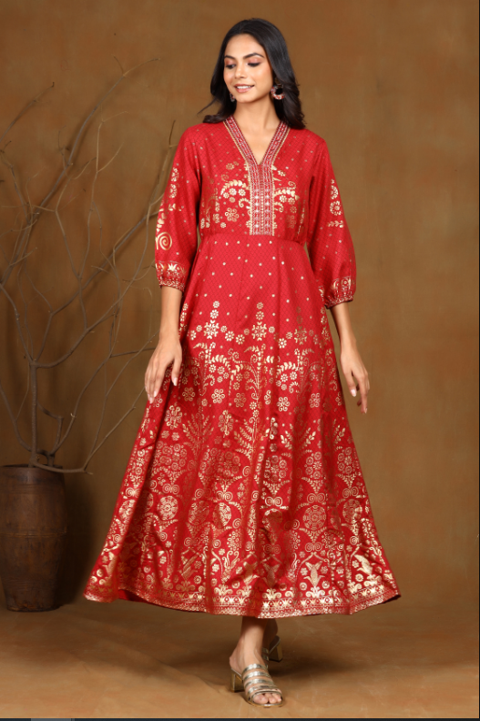 Women's Maroon Rayon Printed Anarkali Dress - Juniper