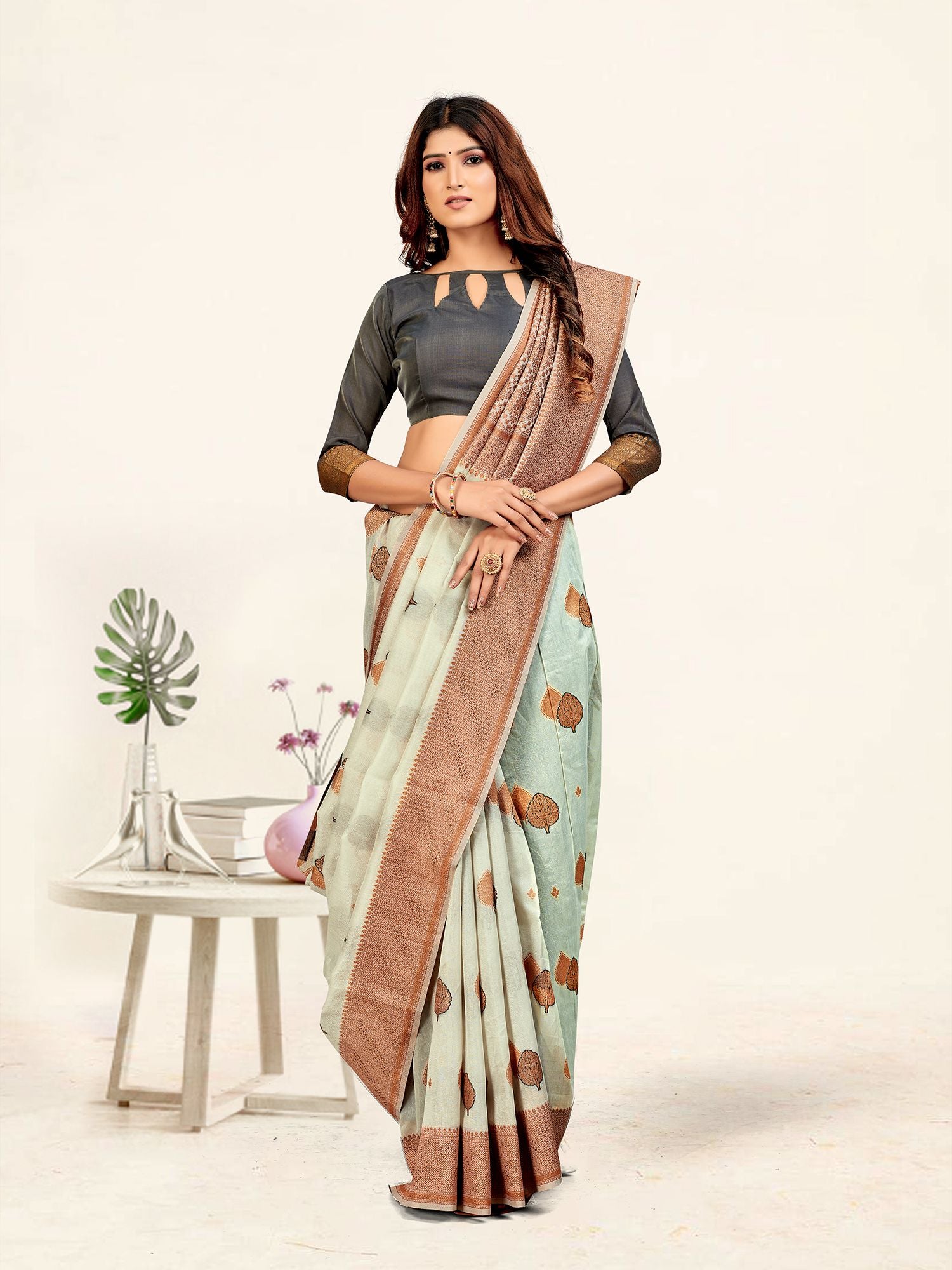 Women's Grey Color Stylish Saree With Blouse Set - Sweet Smile