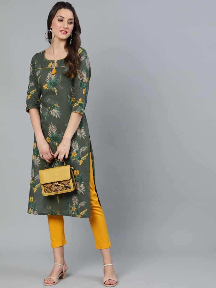 Women's Green Floral Printed Straight Kurta