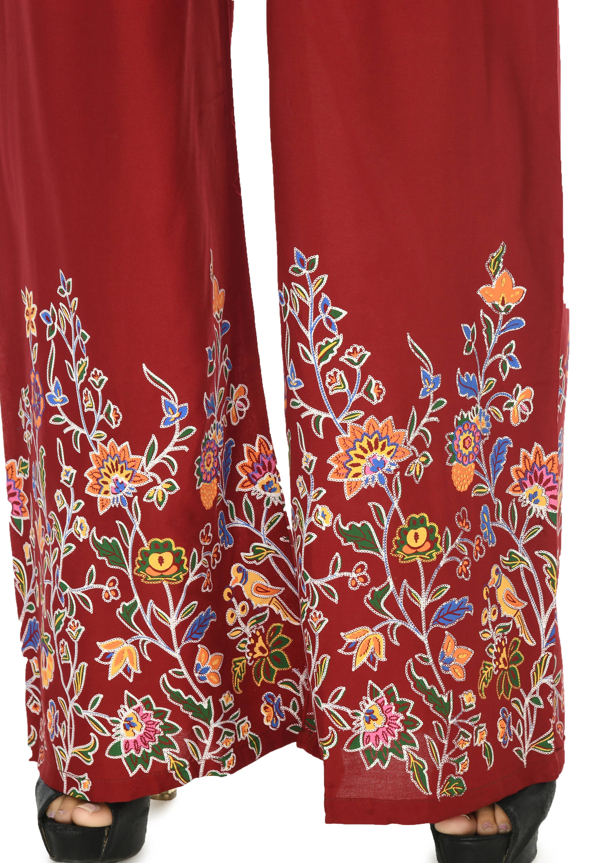 Women's Rayon Cotton Maroon Floral Printed Palazzo Mfp042 - Moeza