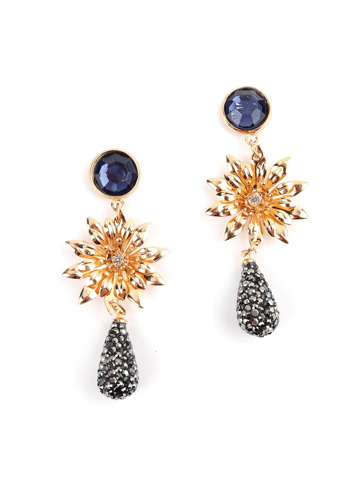 Women's Gold And Blue Delicate Flower Drop Earrings - Odette