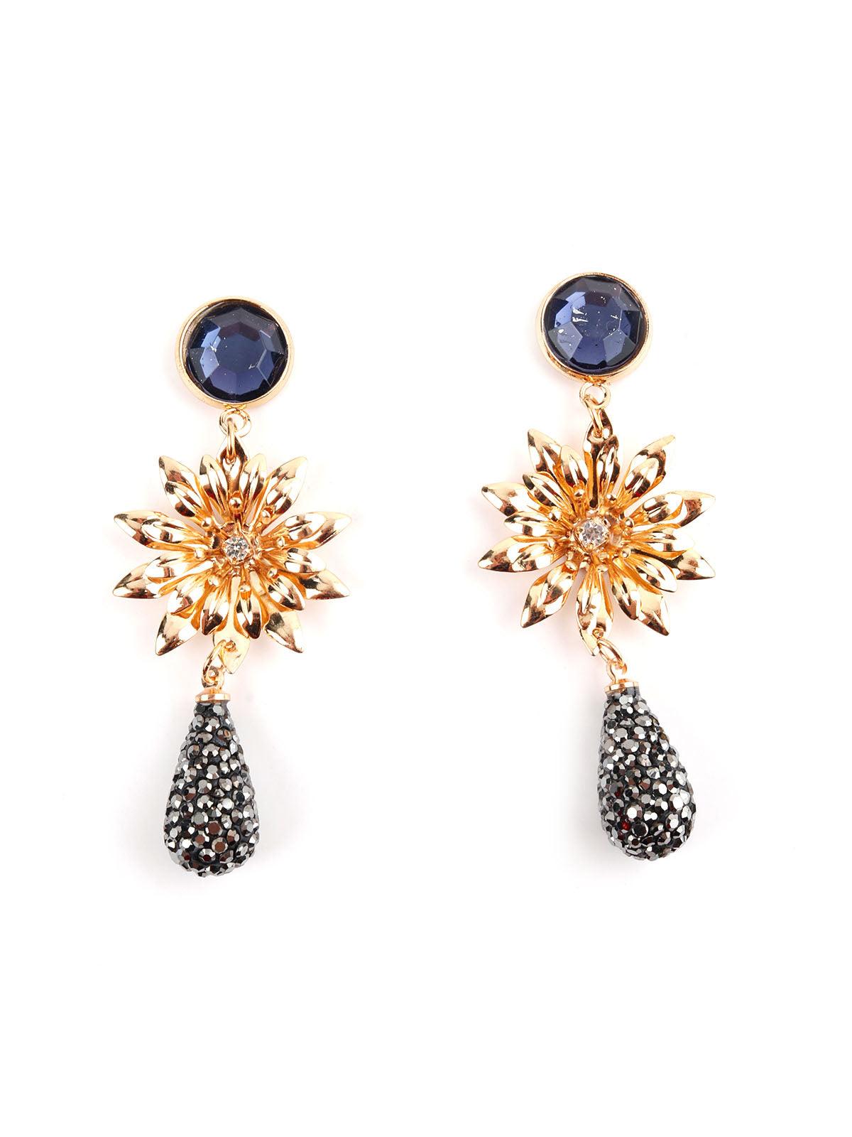 Women's Gold And Blue Delicate Flower Drop Earrings - Odette