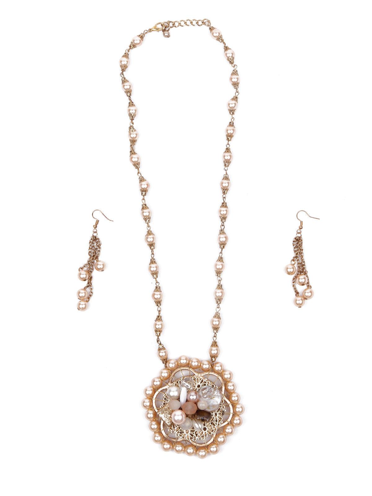 Women's Gold Beaded Pendant Necklace Set - Odette