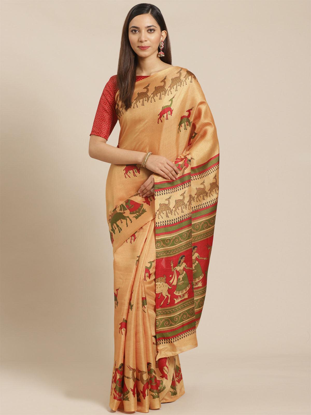 Women's Gold Casual Bhagalpuri Printed Saree With Unstitched Blouse - Odette