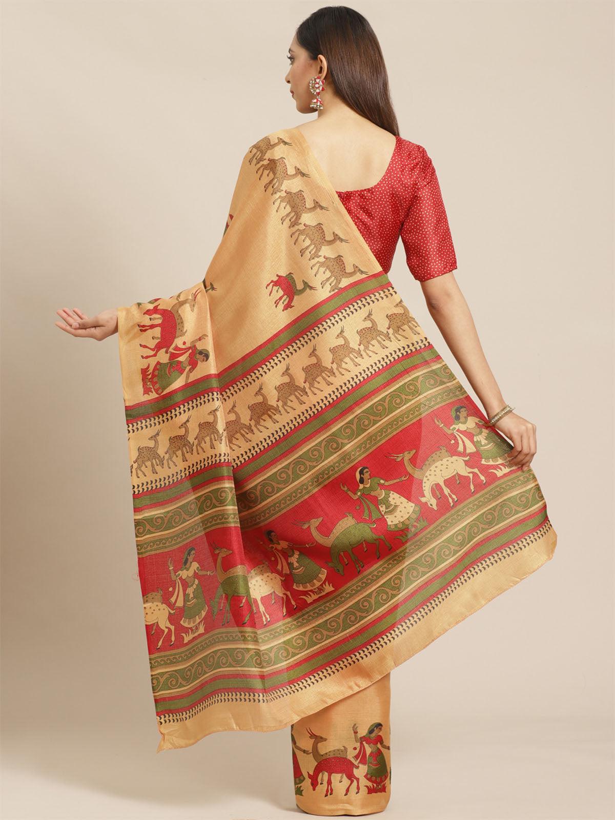 Women's Gold Casual Bhagalpuri Printed Saree With Unstitched Blouse - Odette