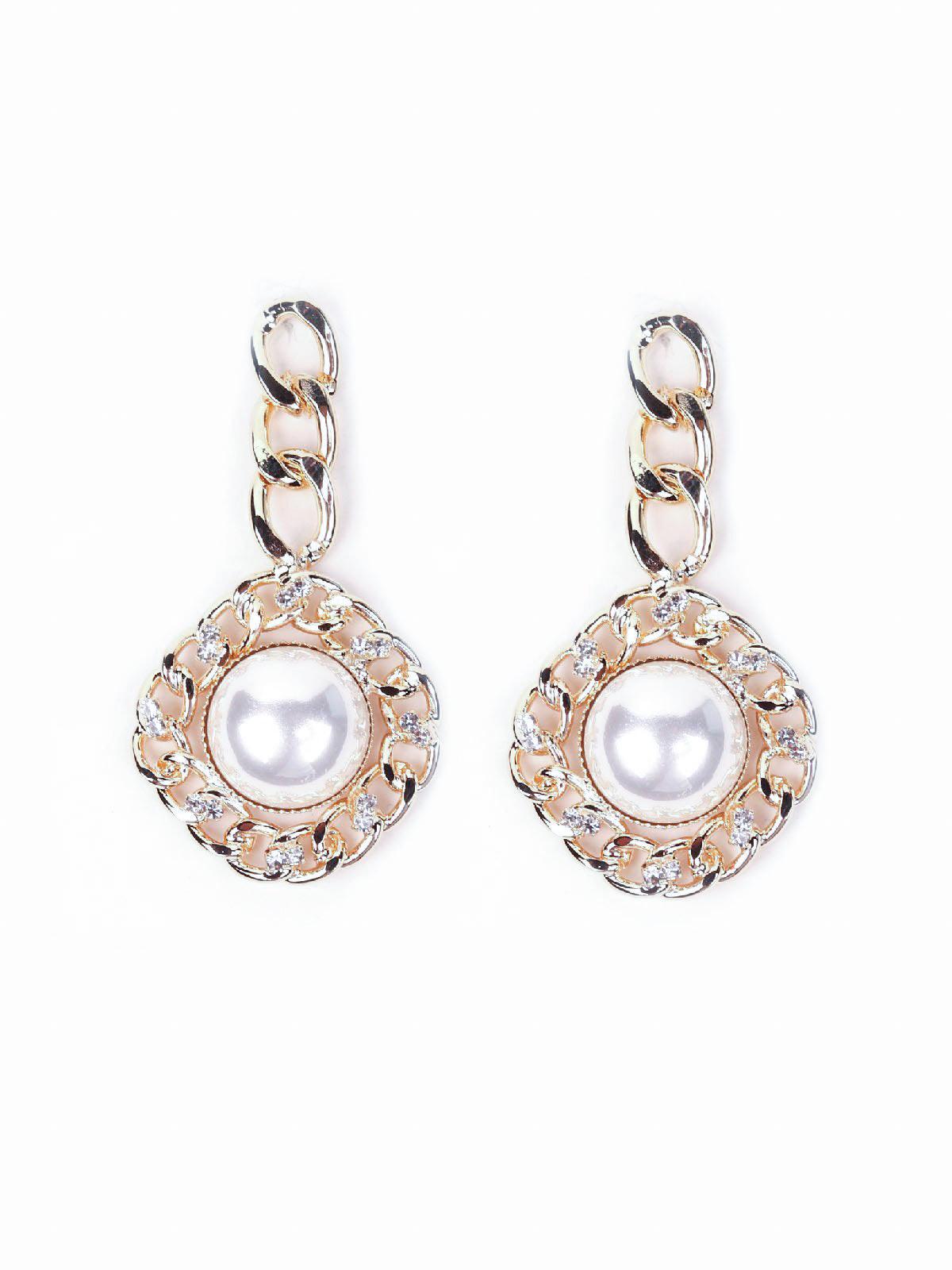 Women's Gold Chain Dropped Pearl Studded Earrings - Odette