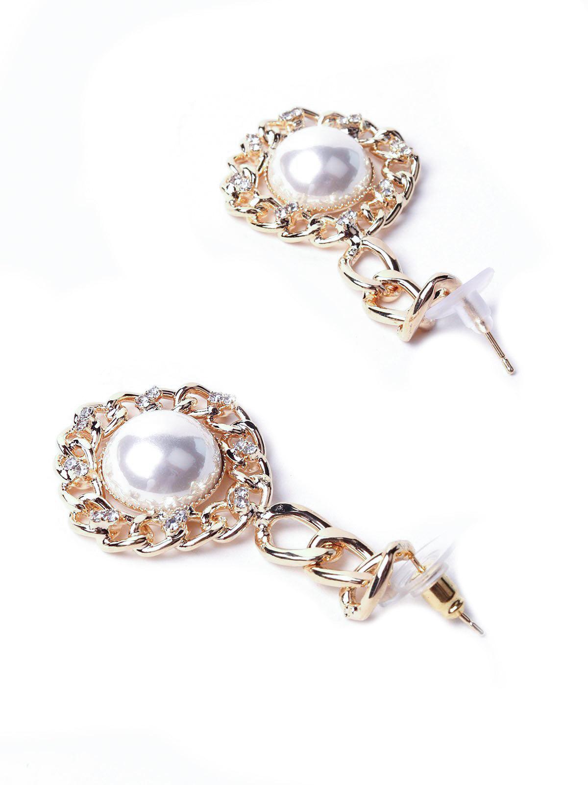 Women's Gold Chain Dropped Pearl Studded Earrings - Odette