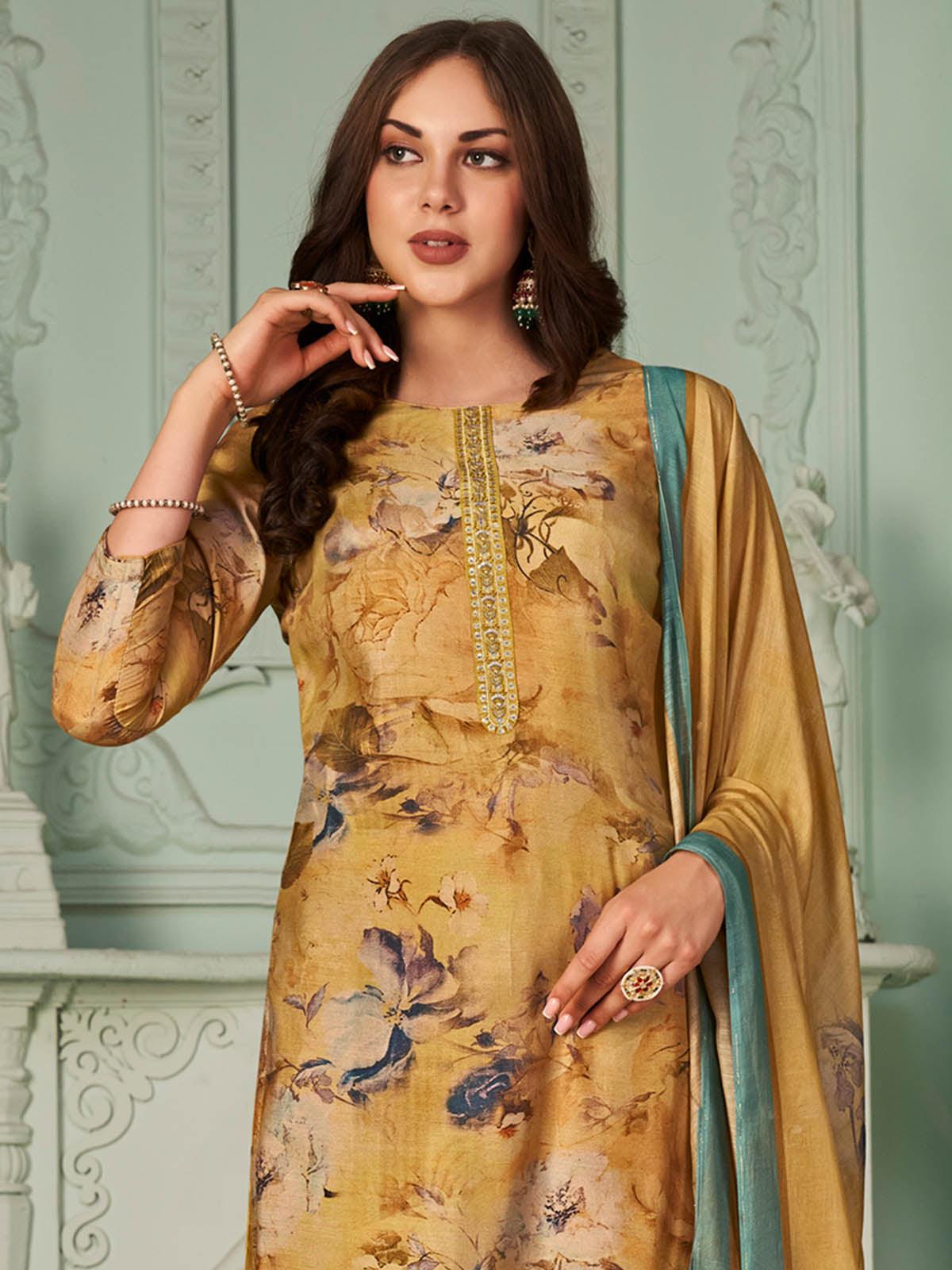 Women's Gold Muslin Blend Dress Material  - Odette