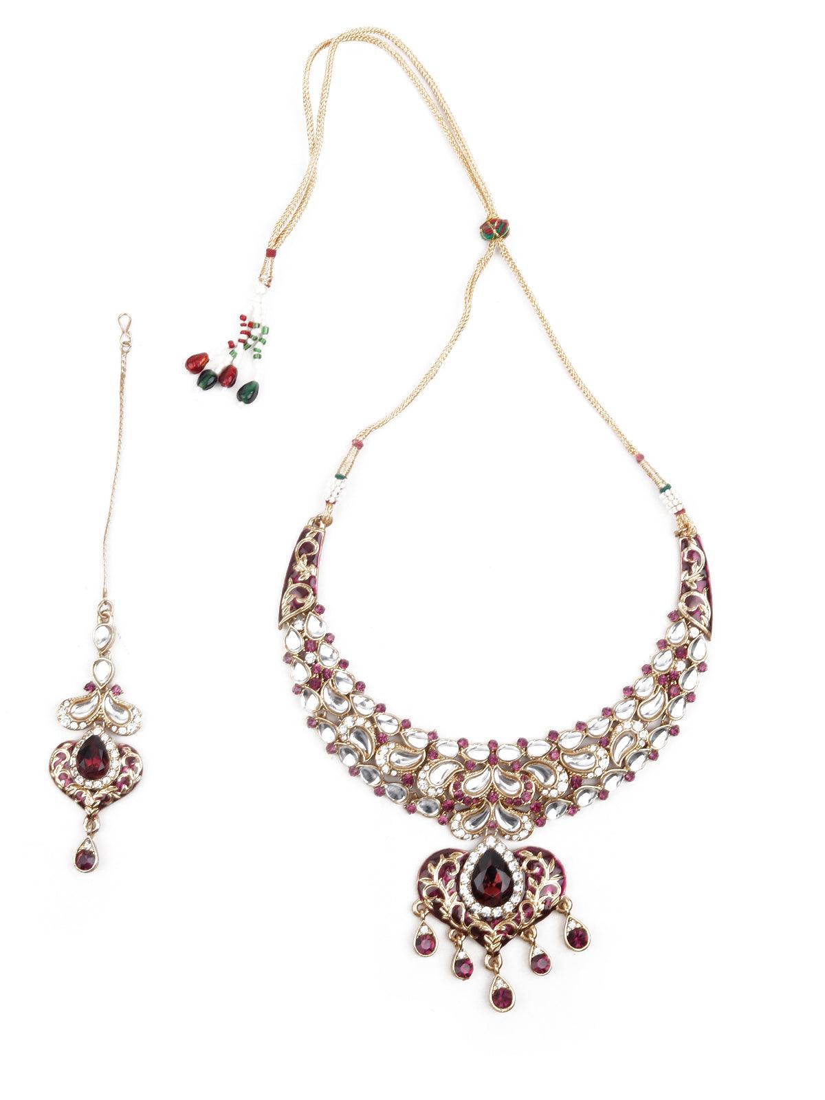 Women's Gold Necklace Set With Maang Tika - Odette
