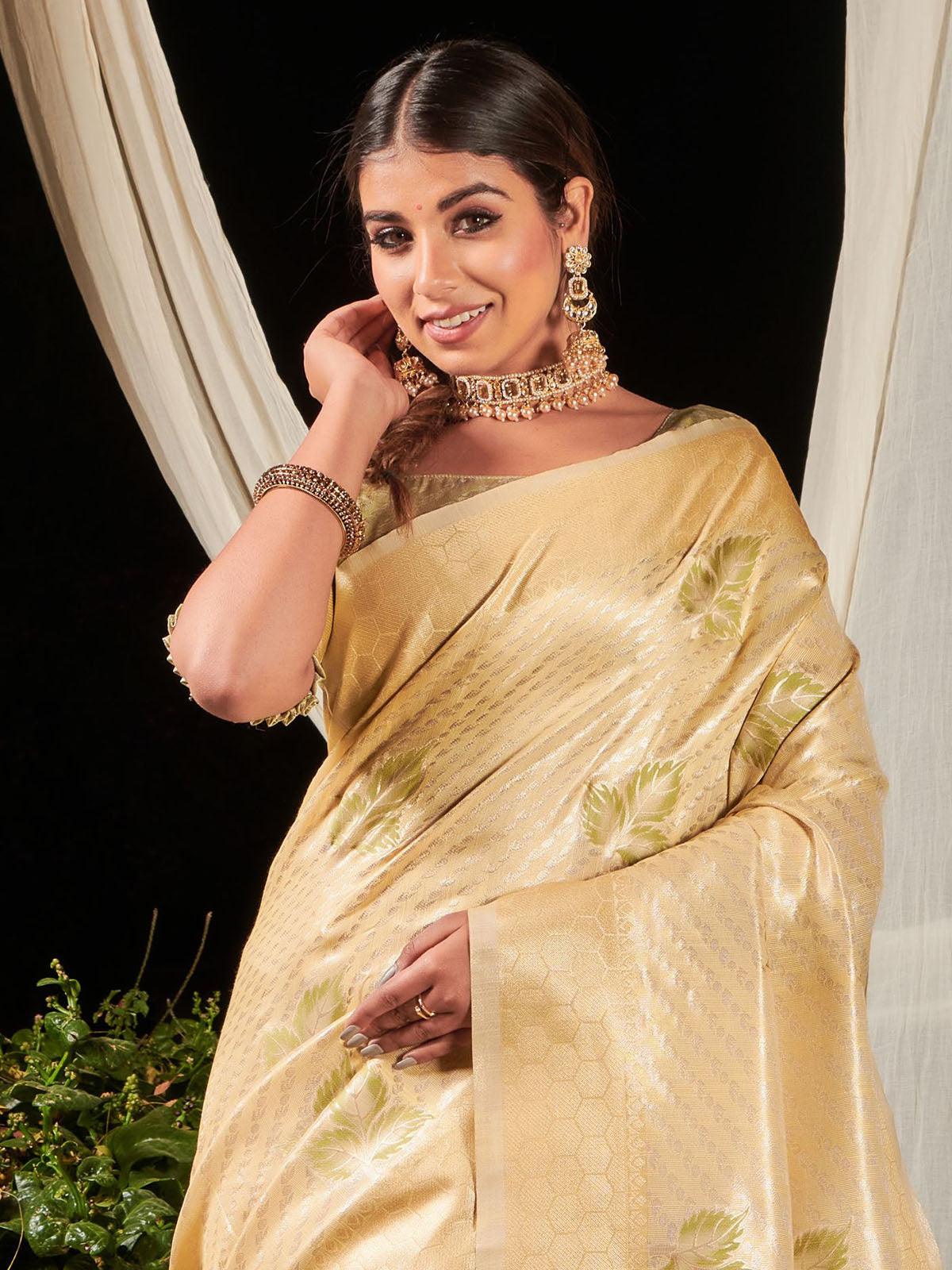Women's Gold Premium Linen Silk Leheriya Saree - Odette