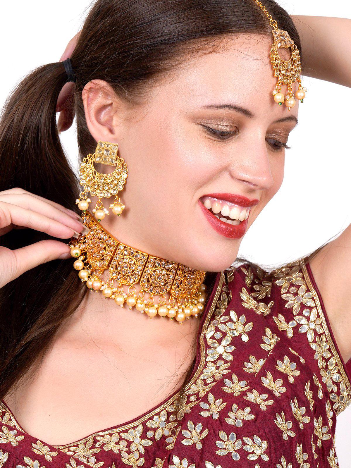 Women's Gold Semiprecious Kundan & Pearl Necklace With Earrings & Maang Teeka - Odette