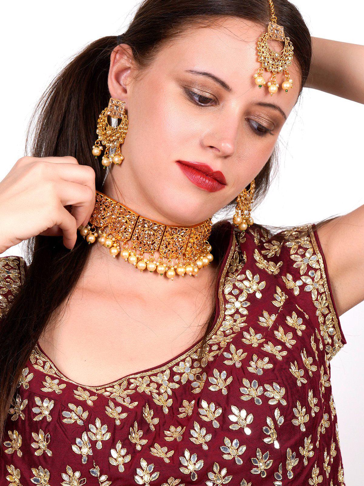 Women's Gold Semiprecious Kundan & Pearl Necklace With Earrings & Maang Teeka - Odette