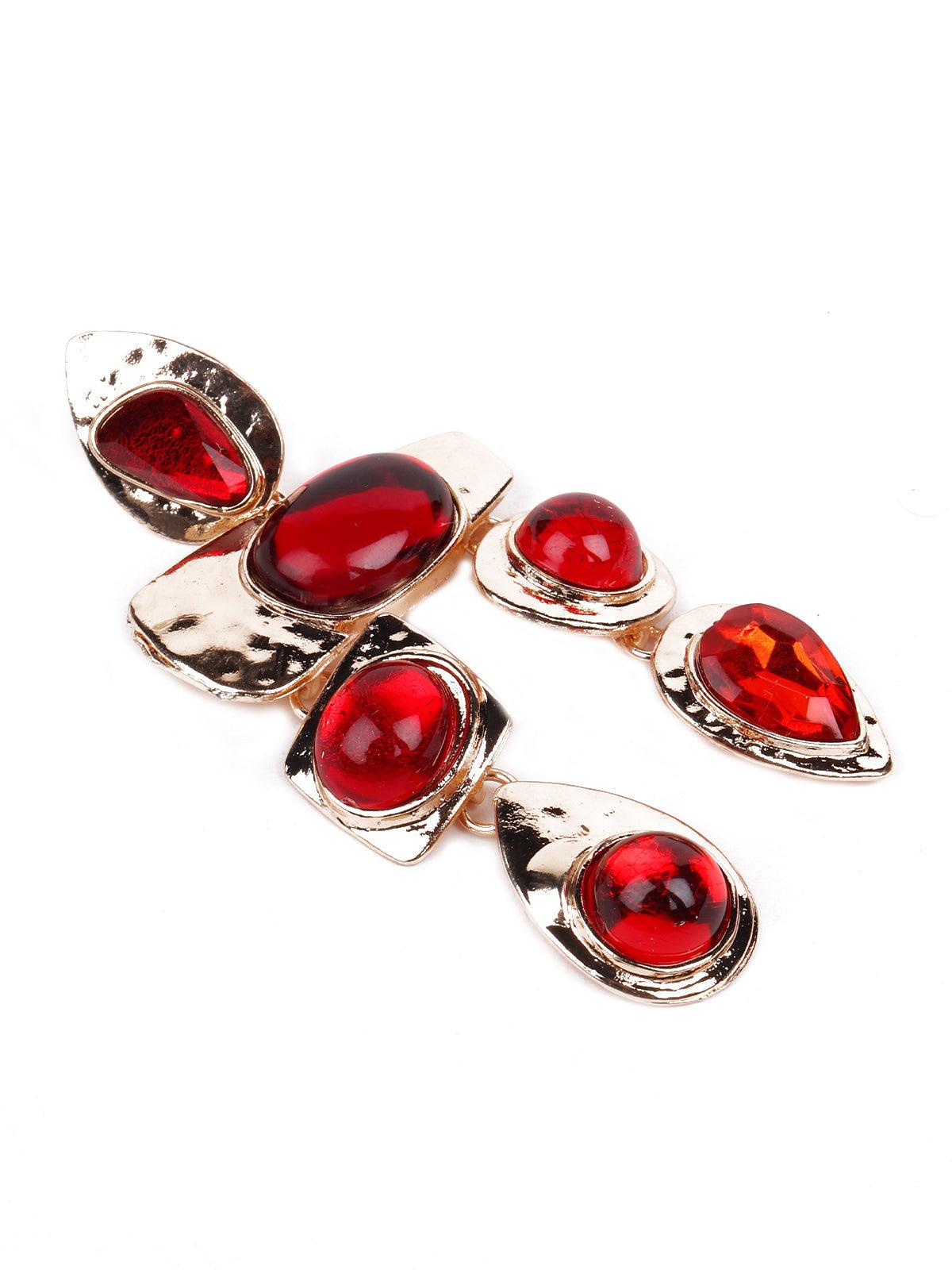 Women's Gold Textured  Red Statement Drop Earrings - Odette