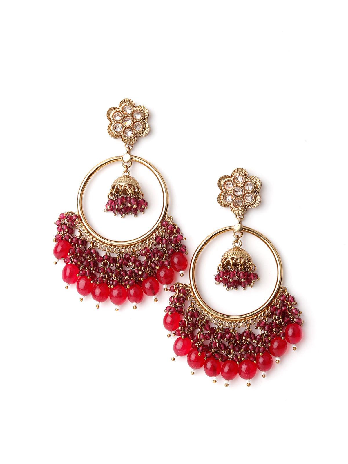 Women's Gold Tone Magenta Pink Dangling Ring-Jhumka Earrings - Odette