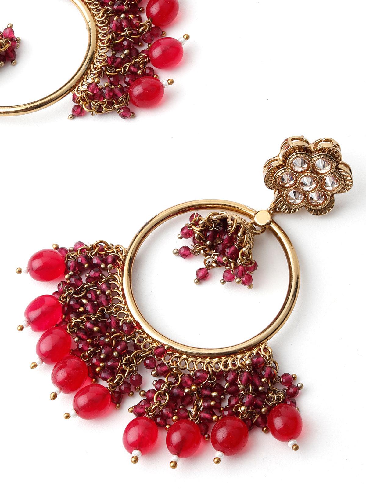 Women's Gold Tone Magenta Pink Dangling Ring-Jhumka Earrings - Odette
