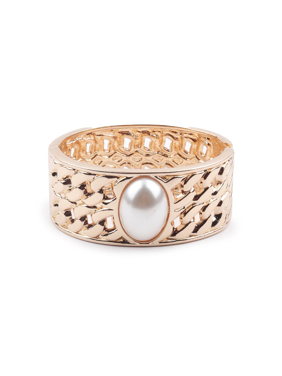 Women's Gold-Tone Textured Stunning White Pearl Embellished Bracelet - Odette