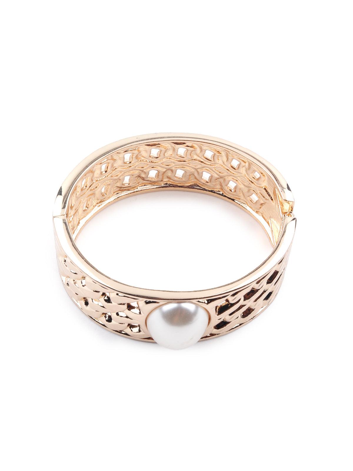 Women's Gold-Tone Textured Stunning White Pearl Embellished Bracelet - Odette