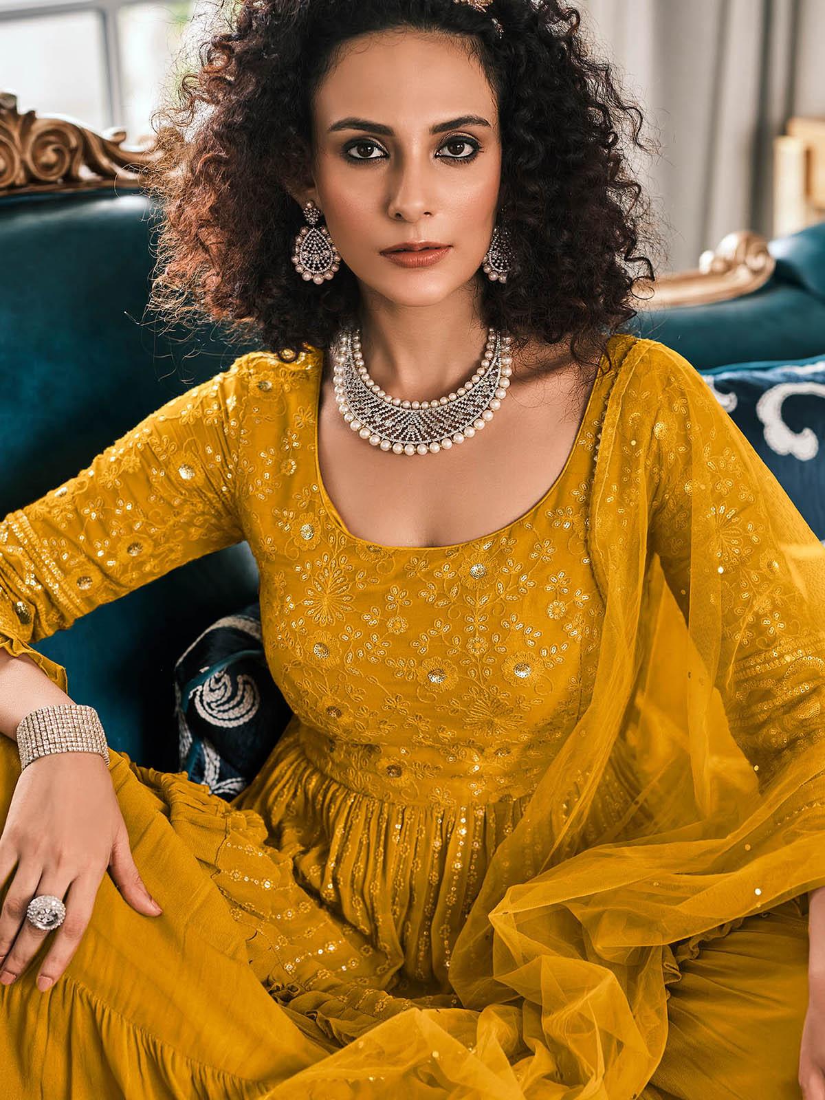 Women's Golden Color Viscose Georgette Designer Sharara Suit - Odette