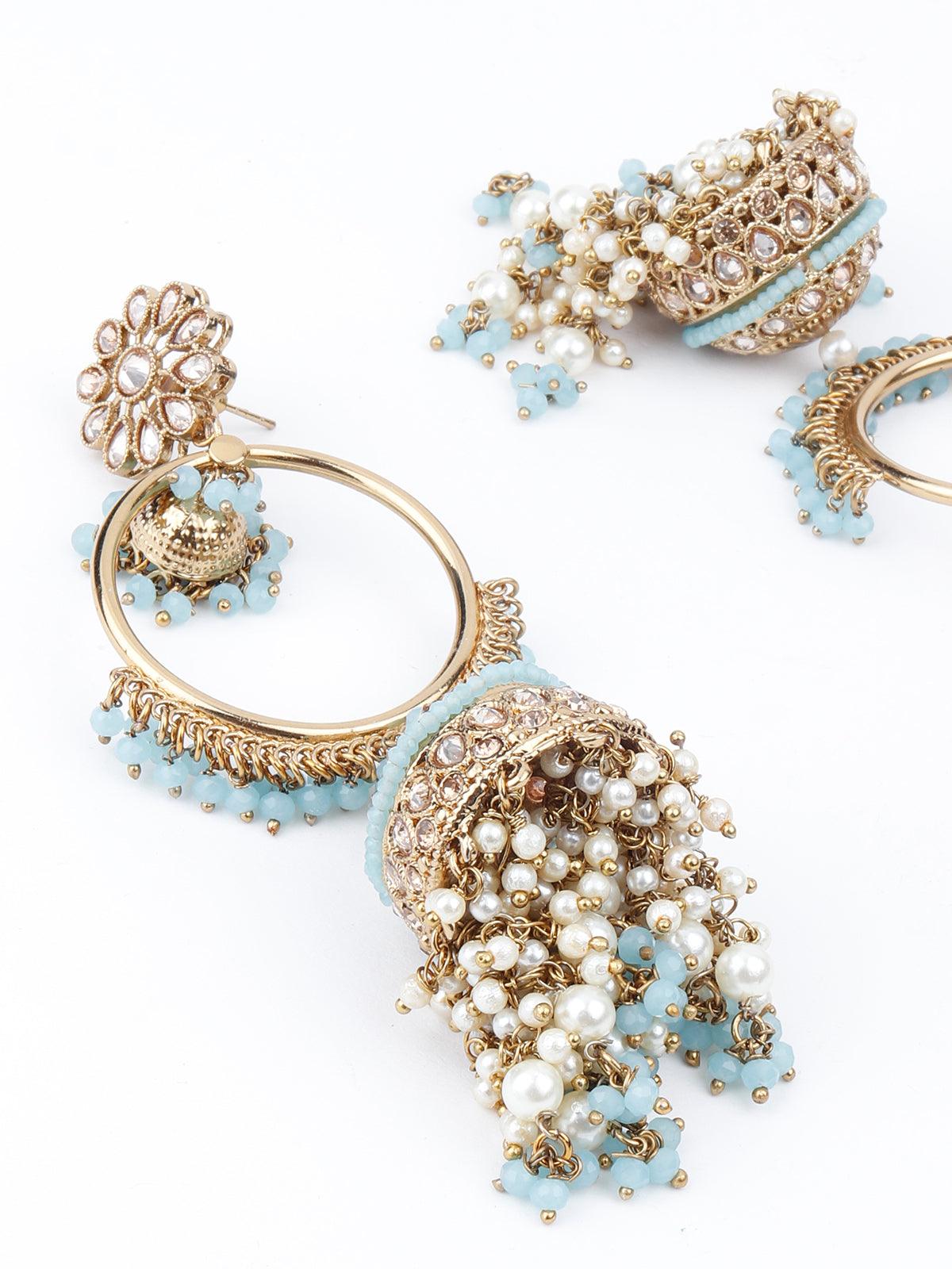 Women's Golden Ornate Sea Blue Stone Jhumki Earrings - Odette