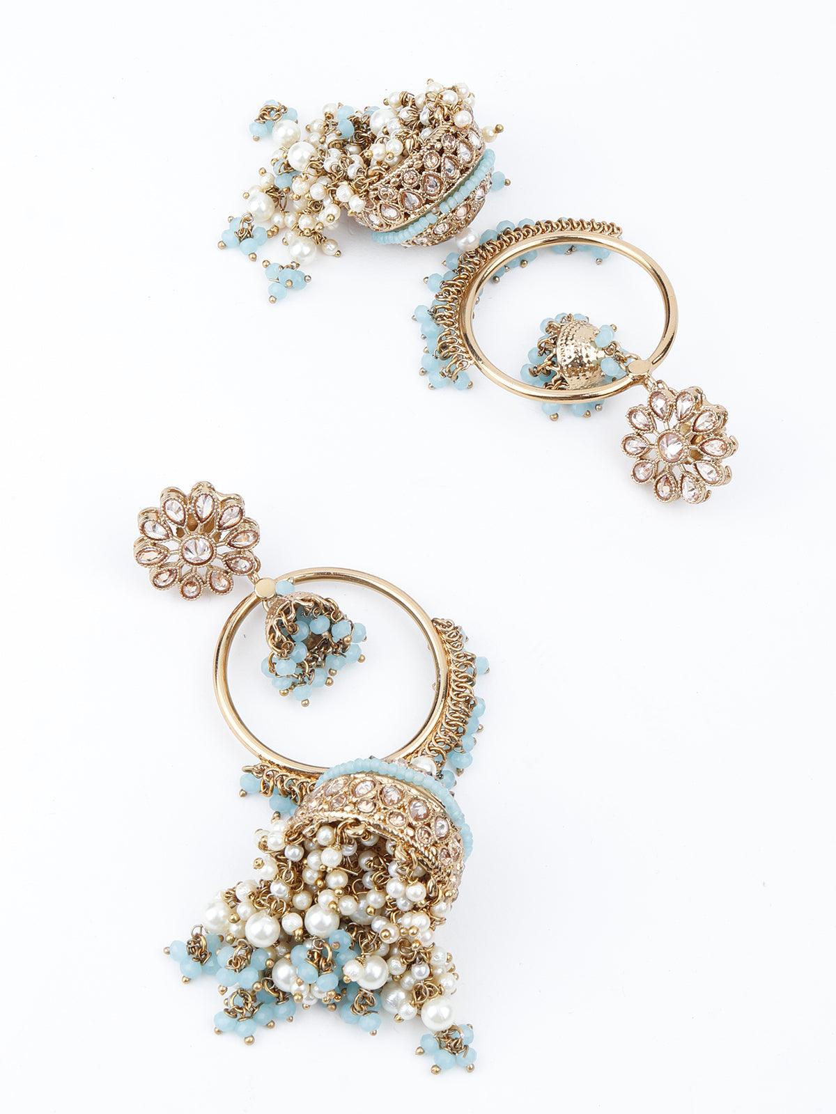 Women's Golden Ornate Sea Blue Stone Jhumki Earrings - Odette