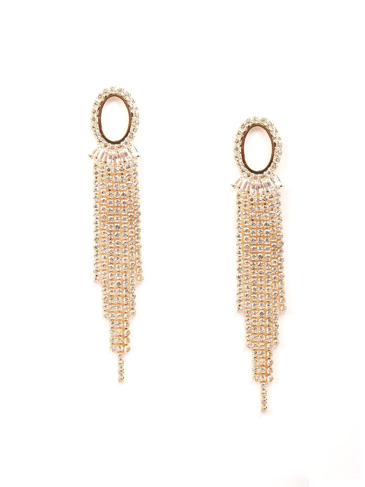 Women's Golden Rounded Crystal Tassel Drop Earrings - Odette