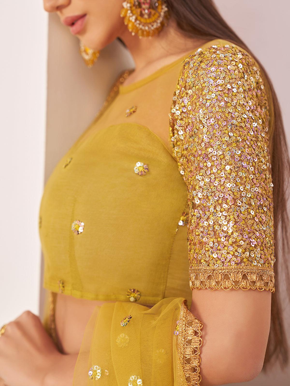 Women's Golden Yellow Color Mono Net Fabric Heavy Designer Lehenga - Odette