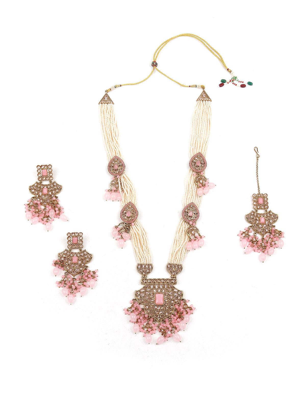 Women's Gorgeous Baby Pink Beaded Kundan Necklace Set - Odette