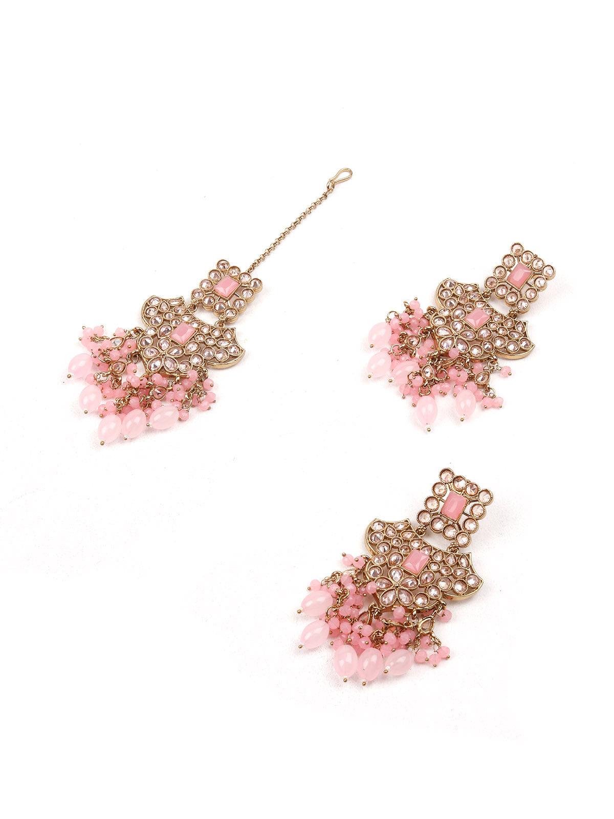 Women's Gorgeous Baby Pink Beaded Kundan Necklace Set - Odette