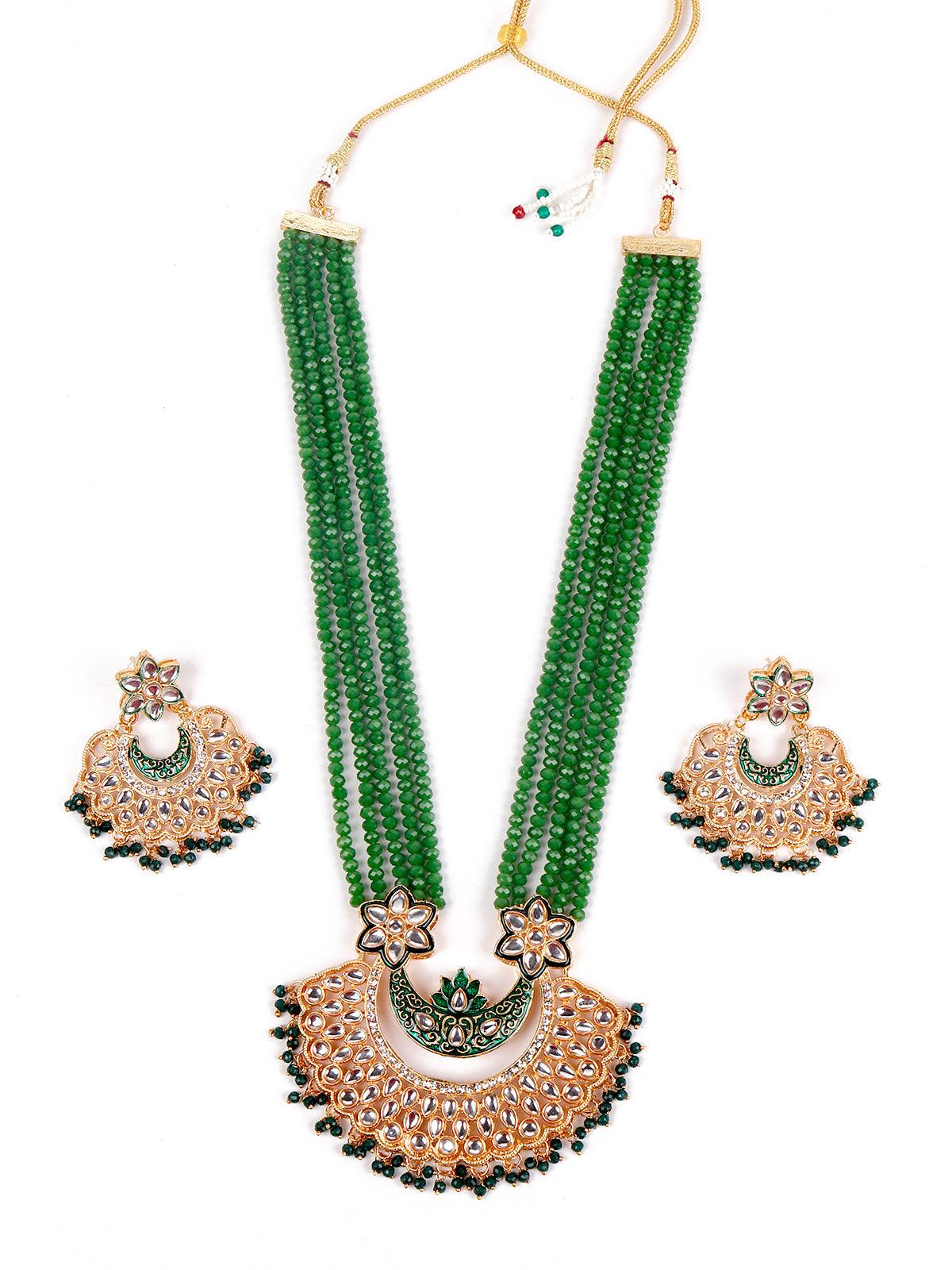 Women's Gorgeous Green Long Mala Necklace Set - Odette