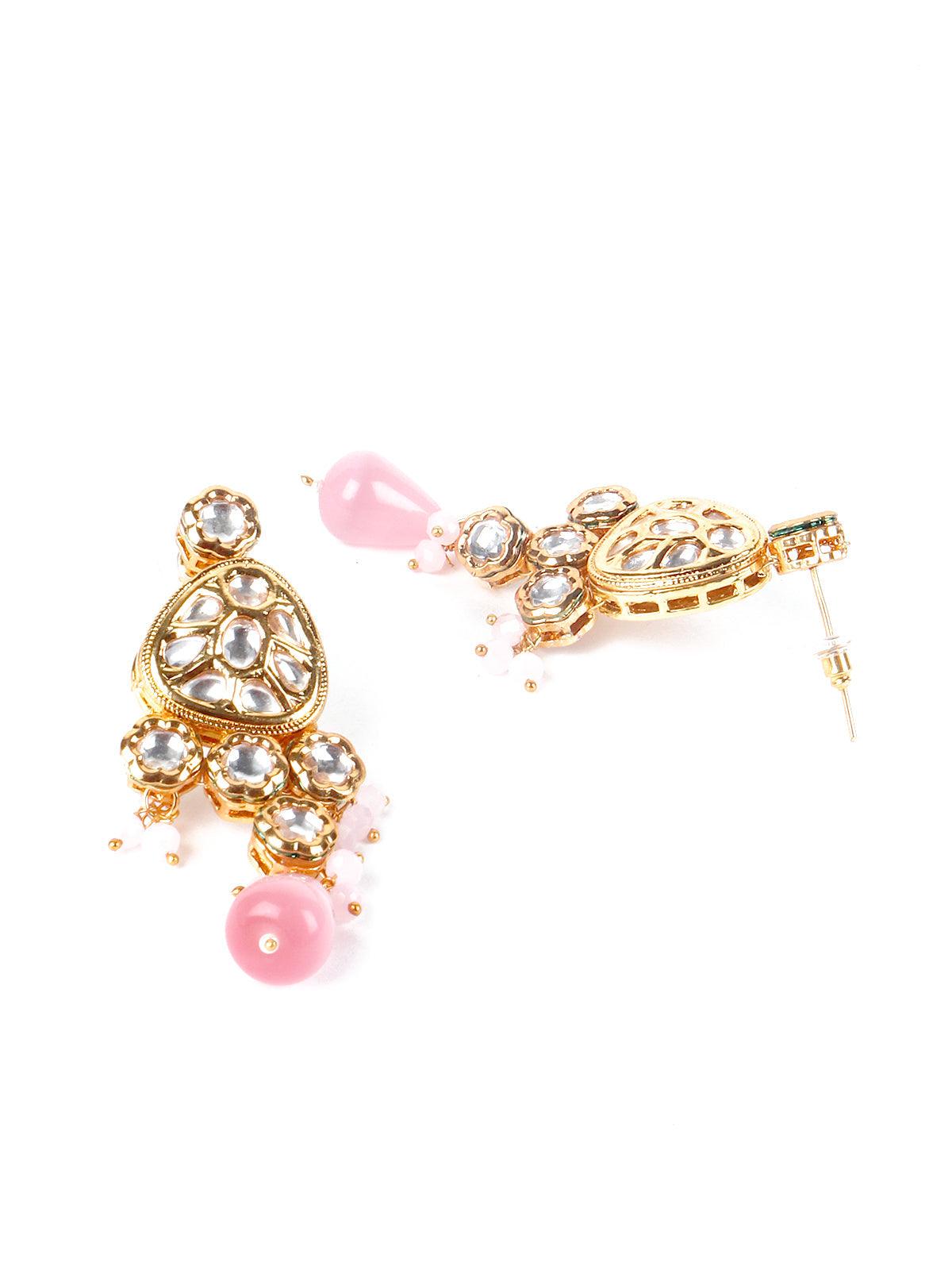 Women's Gorgeous Pink Kundan Work Necklace Set - Odette