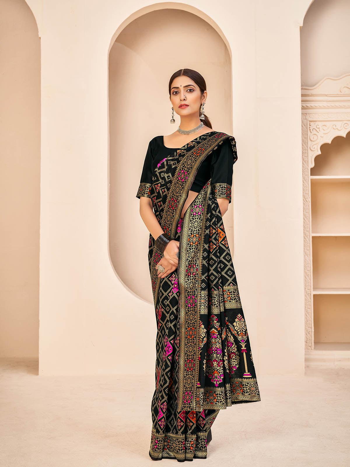 Women's Gorgeous Woven Black Banarasi Silk Saree - Odette