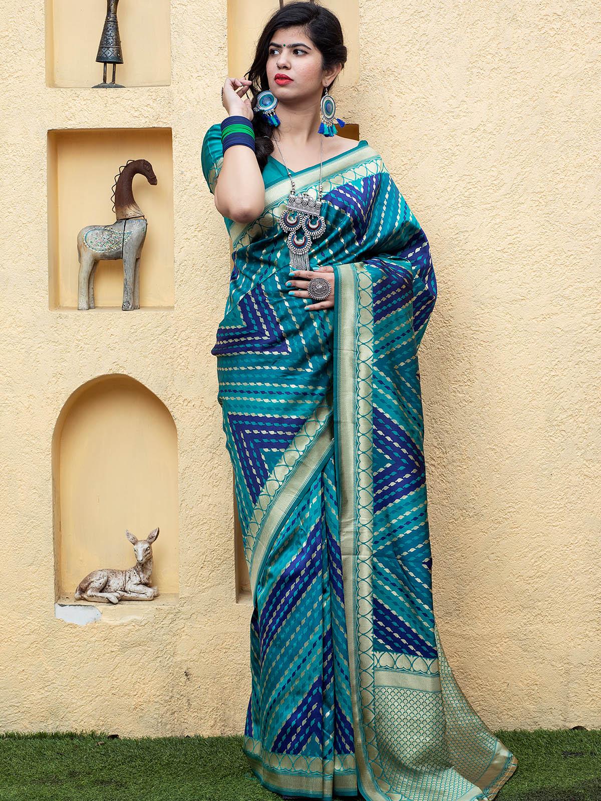 Women's Gorgeous Woven Blue Banarasi Silk Saree - Odette