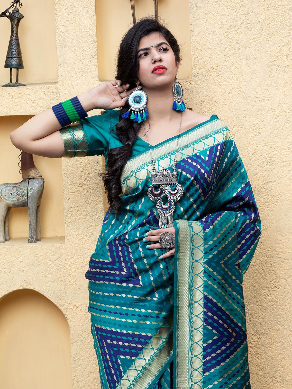 Women's Gorgeous Woven Blue Banarasi Silk Saree - Odette